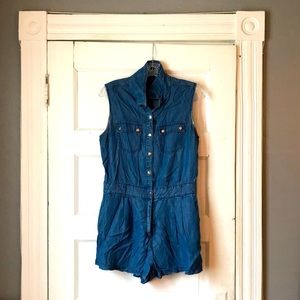 Blue Jean stretch romper with snaps and pockets